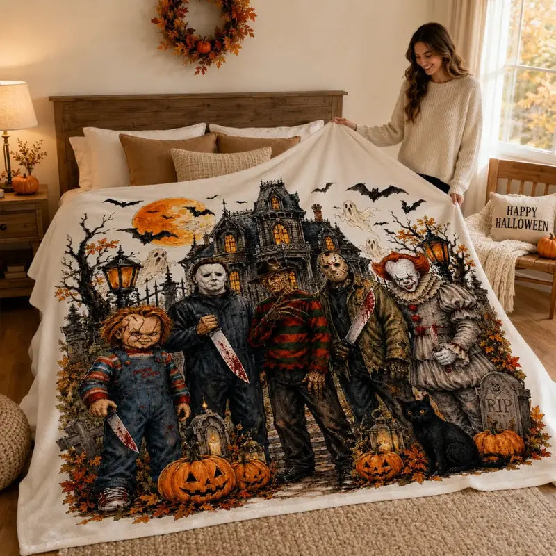 Horror Movie Night Throw Blanket, Halloween Haunted House Flannel Fleece Blanket, Chucky Michael Myers Freddy Krueger Jason Voorhees Pennywise Horror Character Graphic Cozy Blanket for Adults & Kids, Spooky Home Decor Gift for Fans