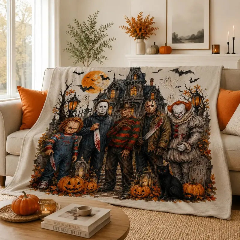 Horror Movie Night Throw Blanket, Halloween Haunted House Flannel Fleece Blanket, Chucky Michael Myers Freddy Krueger Jason Voorhees Pennywise Horror Character Graphic Cozy Blanket for Adults & Kids, Spooky Home Decor Gift for Fans