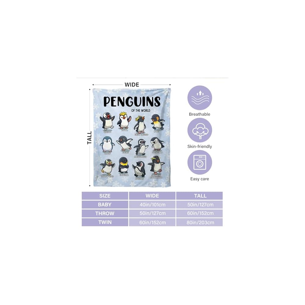 Penguin Blanket for Adults, Penguin Gifts for Women Adult, Types of Penguins Throw Blanket Penguins Lovers Gifts Decor Soft Cozy Flannel Fleece Illustration Throw Blankets Home Decor 50''x 60''