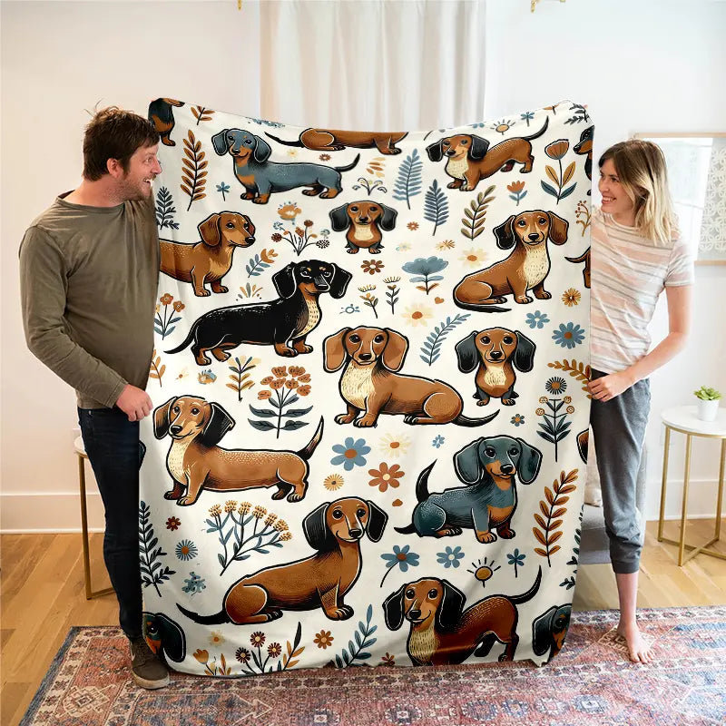 Super Soft Cute Dachshund Prints Flannel Printed 3D Blanket, As Birthday Gifts, Family, Wedding, Souvenir Blankets, Polyester Blankets Suitable For All Seasons, Washable, Machine Washable, Lightweight, Breathable, Comfortable, Warm, Unique