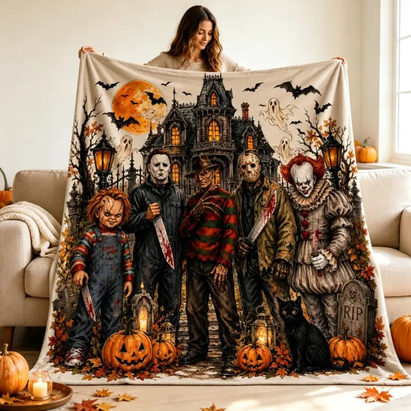 Horror Movie Night Throw Blanket, Halloween Haunted House Flannel Fleece Blanket, Chucky Michael Myers Freddy Krueger Jason Voorhees Pennywise Horror Character Graphic Cozy Blanket for Adults & Kids, Spooky Home Decor Gift for Fans