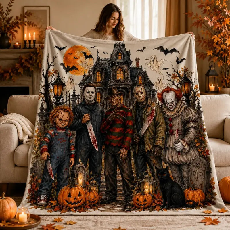 Horror Movie Night Throw Blanket, Halloween Haunted House Flannel Fleece Blanket, Chucky Michael Myers Freddy Krueger Jason Voorhees Pennywise Horror Character Graphic Cozy Blanket for Adults & Kids, Spooky Home Decor Gift for Fans