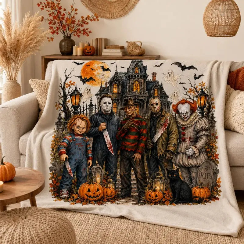Horror Movie Night Throw Blanket, Halloween Haunted House Flannel Fleece Blanket, Chucky Michael Myers Freddy Krueger Jason Voorhees Pennywise Horror Character Graphic Cozy Blanket for Adults & Kids, Spooky Home Decor Gift for Fans
